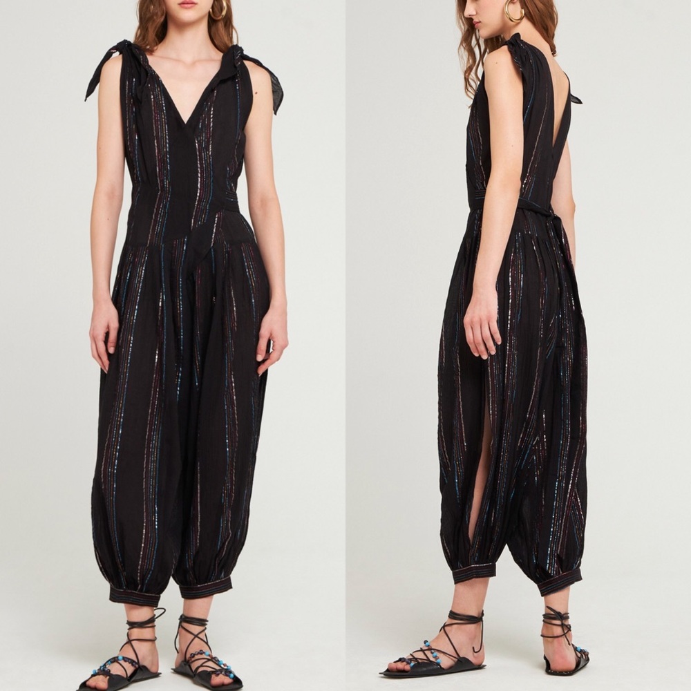Antik Batik Mimi Jumpsuit Cotton Crepe Wrap Tie Strap Metallic Lurex Striped XS